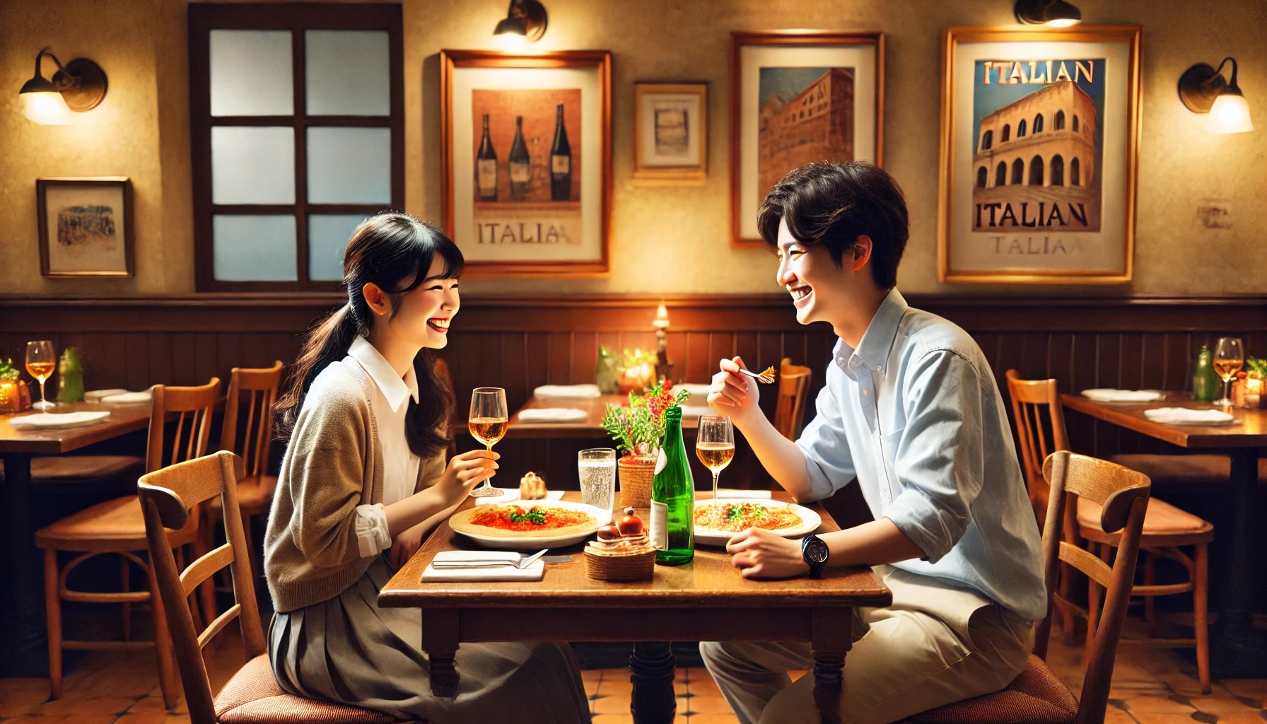 若いカップルがイタリアンで食事をしている様子　ディナー、レストラン、大学生